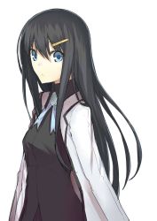 Rule 34 | 1girl, black hair, blazer, blue eyes, expressionless, hair ornament, hairclip, highres, jacket, kauto, long hair, looking at viewer, md5 mismatch, original, resized, ribbon, simple background, solo, white background