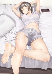 Rule 34 | 1girl, absurdres, barefoot, bed, black hair, cellphone, feet, highres, looking at viewer, mbr90munouk, medium hair, parted lips, phone, shirt, shorts, smartphone, soles, t-shirt, toes
