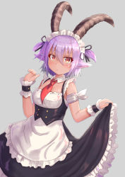 Rule 34 | 1girl, :&lt;, alternate costume, animal ears, black dress, black ribbon, blush, breasts, clothes lift, cocoasabure, dress, dress lift, enmaided, et luba, hair between eyes, hair ribbon, hand up, highres, horns, looking at viewer, maid, maid headdress, pixiv fantasia, pixiv fantasia last saga, purple hair, red neckwear, ribbon, short sleeves, short twintails, simple background, small breasts, solo, standing, tan, twintails, wrist cuffs