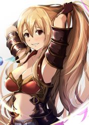 Rule 34 | 10s, 1girl, adjusting hair, armor, armpits, arms behind head, bad id, bad pixiv id, black gloves, blonde hair, breasts, cleavage, detached sleeves, gloves, granblue fantasy, kanzaki kureha, long hair, looking at viewer, medium breasts, navel, open mouth, ponytail, red eyes, smile, solo, upper body, vira (granblue fantasy)