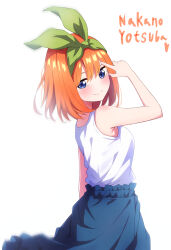 Rule 34 | 1girl, absurdres, bare arms, blue eyes, blue skirt, blush, bow, bow hairband, character name, closed mouth, commission, from side, go-toubun no hanayome, green bow, green hairband, hair between eyes, hair bow, hairband, highres, long skirt, looking at viewer, medium hair, nakano yotsuba, nuguri444, orange hair, pixiv commission, shirt, skirt, sleeveless, sleeveless shirt, smile, solo, standing, white shirt