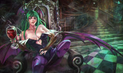 Rule 34 | 1girl, absurdres, alcohol, animal print, armchair, bare shoulders, bat print, bat wings, breasts, bridal gauntlets, brown gloves, capcom, chain, chair, cleavage, clothing cutout, collarbone, cup, demon girl, drinking glass, elbow gloves, eyebrows, eyelashes, eyeshadow, female focus, gloves, green eyes, green hair, green nails, hallway, head wings, heart cutout, highres, large breasts, leg up, leotard, light smile, lips, long hair, looking at viewer, low wings, makeup, matching hair/eyes, monori rogue, morrigan aensland, nail polish, outstretched arm, pantyhose, print pantyhose, purple pantyhose, sitting, solo, stairs, throne, underbust, vampire (game), wine, wine glass, wings