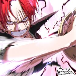 Rule 34 | 1boy, clenched teeth, coat, coat on shoulders, facial hair, glaring, haki, highres, holding, holding sword, holding weapon, incoming attack, looking at viewer, male focus, one piece, parted bangs, red eyes, red hair, scar, scar across eye, serious, shanks (one piece), signature, sleeves rolled up, solo, sword, tacchan56110, teeth, weapon
