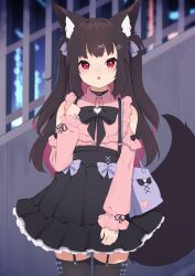 Rule 34 | 1girl, absurdres, animal ear fluff, animal ears, bag, bandaid, bandaid on hand, black bow, black thighhighs, bow, brown hair, clenched hand, clothing cutout, collared shirt, commentary request, fox ears, fox girl, fox tail, garter straps, hair ornament, hairclip, hand up, heart, heart hair ornament, highres, hinata (user rjkt4745), jirai kei, long hair, long sleeves, looking at viewer, multicolored hair, original, parted lips, pink shirt, puffy long sleeves, puffy sleeves, purple eyes, purple hair, shirt, shoulder bag, shoulder cutout, skirt, sleeves past wrists, solo, suspender skirt, suspenders, tail, thighhighs, two-tone hair, two side up, very long hair, x hair ornament