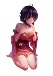 Rule 34 | 1girl, ahoge, bare legs, bare shoulders, barefoot, black hair, breasts, collarbone, covering breasts, covering privates, full body, highres, japanese clothes, kimono, koutetsujou no kabaneri, looking at viewer, medium breasts, mumei (kabaneri), neck ribbon, obi, obijime, off shoulder, red eyes, red kimono, ribbon, sash, short hair, short kimono, shou xian wu, sitting, solo, white background