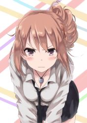 Rule 34 | &gt;:|, 10s, 1girl, :|, angry, blush, breasts, brown hair, cleavage, closed mouth, hair ornament, hairclip, highres, jewelry, looking at viewer, necklace, necktie, original, pink eyes, ponytail, rucchiifu, school uniform, shirt, skirt, solo, uniform, v-shaped eyebrows, yahari ore no seishun lovecome wa machigatteiru., yuigahama yui