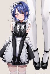 Rule 34 | 1girl, akira (jitsuimo), apron, black footwear, black gloves, blue hair, blush, breasts, breasts squeezed together, chigusa minori, closed mouth, contrapposto, corrupted twitter file, cowboy shot, dress, elbow gloves, gloves, highres, legs, light frown, looking at viewer, maid, maid headdress, mary janes, original, projected inset, purple eyes, shoes, short hair, simple background, skirt, skirt tug, sleeveless, sleeveless dress, solo, swept bangs, thighhighs, v arms, white thighhighs, zettai ryouiki