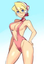 Rule 34 | 1girl, alia (mega man), blonde hair, blue background, blue eyes, blush, breasts, capcom, casual one-piece swimsuit, cleavage, commentary request, cowboy shot, gradient background, hair between eyes, hand on own hip, highleg, highleg swimsuit, hip focus, large breasts, legs apart, looking at viewer, mega man (series), mega man x (series), one-piece swimsuit, red one-piece swimsuit, sideboob, smile, solo, standing, swimsuit, ukimukai