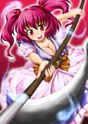 Rule 34 | 1girl, breasts, cleavage, female focus, hair bobbles, hair ornament, large breasts, nikyu, nikyu2q (pixiv), onozuka komachi, red eyes, red hair, scythe, short hair, solo, touhou, twintails, two side up