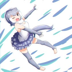 Rule 34 | 10s, 1girl, ;d, animal ears, elbow gloves, fingerless gloves, fur collar, gloves, grey eyes, grey gloves, grey hair, grey skirt, grey thighhighs, highres, kemono friends, miniskirt, multicolored hair, one eye closed, open mouth, otter ears, otter tail, outstretched arms, shirt, short hair, skirt, sleeveless, sleeveless shirt, small-clawed otter (kemono friends), smile, solo, tail, tamiku (shisyamo609), thighhighs, white background, white hair