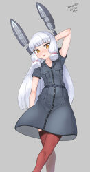 Rule 34 | 1girl, absurdres, arm behind head, black dress, breast pocket, dated, dress, feet out of frame, grey background, hair ribbon, headgear, highres, kantai collection, leaning to the side, long hair, looking at viewer, maru (marg0613), murakumo (kancolle), orange eyes, pantyhose, pocket, red thighhighs, ribbon, saratoga (kancolle), saratoga mk ii (kancolle), sidelocks, silver hair, simple background, solo, standing, thighhighs, tongue, tongue out, tress ribbon, twitter username