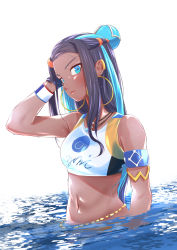 Rule 34 | 1girl, armlet, belly chain, black gloves, black hair, blue eyes, blue hair, chain-link fence, closed mouth, commentary, creatures (company), crop top, dark-skinned female, dark skin, dutch angle, earclip, earrings, fence, game freak, gloves, gym leader, hair bun, hair ornament, hand in own hair, highres, hoop earrings, jewelry, long hair, looking at viewer, midriff, multicolored hair, navel, necklace, nessa (pokemon), nintendo, oze (xyz go go11), partially submerged, pokemon, pokemon swsh, print shirt, shirt, single hair bun, solo, standing, two-tone hair, wet, white background, white shirt, wristband