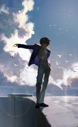 Rule 34 | 1boy, absurdres, bird, black footwear, blue sky, cable, cable tie, cliff, closed eyes, cloud, cloudy sky, day, dino (dinoartforame), formal, full body, head down, highres, jacket, levi (shingeki no kyojin), long sleeves, outstretched arm, pants, purple jacket, shingeki no kyojin, shirt, shoes, sky, solo, standing, suit, yellow pants, yellow shirt