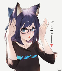 Rule 34 | 1girl, :o, a-chan (hololive), absurdres, animal ears, black shirt, blue bow, blue hair, blush, bow, cat ears, collarbone, copyright name, flat chest, glasses, hair bow, heart, highres, hololive, jun wei, kemonomimi mode, logo, looking at viewer, open hands, open mouth, print shirt, rabbit pose, shirt, signature, solo, t-shirt, upper body, virtual youtuber
