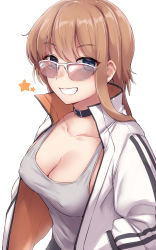 Rule 34 | 1girl, absurdres, alternate costume, blue eyes, blush, breasts, brown hair, cleavage, collarbone, grey tank top, grin, hands in pockets, highres, jacket, kantai collection, kiritto, large breasts, long hair, long sleeves, looking at viewer, open clothes, open jacket, simple background, smile, solo, star (symbol), sunglasses, tank top, teruzuki (kancolle), upper body, white background, white jacket