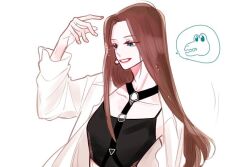 Rule 34 | 1girl, alligator, animification, blue eyes, bona (wjsn), breasts, brown hair, collarbone, crocodilian, earpiece, k-pop, korean commentary, long hair, looking down, o-ring, open hand, real life, saem (oo lu ), shirt, small breasts, smile, solo, speech bubble, upper body, very long hair, white background, white shirt, wjsn