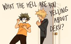 Rule 34 | 2boys, bakugou katsuki, black jacket, black pants, blank eyes, blonde hair, boku no hero academia, comic, commentary, commission, door, english commentary, english text, fenkko, freckles, green hair, hand on own chest, hand up, indoors, jacket, long sleeves, looking at another, male focus, midoriya izuku, multiple boys, open door, open mouth, orange shirt, pants, shirt, short hair, short sleeves, shouting, sitting, spiked hair, surprised, t-shirt, turn pale