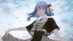 Rule 34 | 1girl, absurdres, black dress, blue hair, brooch, bug, butterfly, ciel (kamitsubaki studio), cloud, day, dress, grey eyes, hair between eyes, hair ornament, highres, insect, jewelry, kamitsubaki studio, looking at viewer, medium hair, outdoors, shirone (coxo ii), short sleeves, skirt hold, standing, virtual youtuber, white butterfly