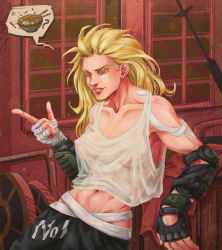 Rule 34 | 1girl, abs, bandaged hand, black gloves, blonde hair, bowl, breasts, breasts apart, character request, check character, dorohedoro, earrings, fingerless gloves, food, froggi00, gloves, highres, index finger raised, jewelry, long hair, medium breasts, navel, noi (dorohedoro), noodles, parted lips, see-through, see-through shirt, single glove, solo, tank top, yellow eyes