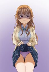 Rule 34 | 1girl, breasts, brown hair, buson0120, closed mouth, clothes lift, disgust, frown, gradient background, hair ornament, hairclip, highres, konoe kanata, large breasts, lifted by self, long hair, looking at viewer, love live!, love live! nijigasaki high school idol club, nijigasaki academy school uniform, panties, purple eyes, purple panties, school uniform, shaded face, shadow, simple background, skirt, skirt lift, solo, standing, thighs, underwear