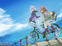Rule 34 | 2girls, ahoge, animal ears, back, bicycle, black hoodie, blue footwear, blue sky, blush, bone hair ornament, braid, breasts, brown hair, cat ears, cat tail, choker, closed mouth, cloud, cloudy sky, commentary, contrail, cross-laced footwear, day, dog ears, dog tail, dress, hair ornament, highres, hololive, hood, hoodie, inugami korone, jacket, looking at another, medium breasts, medium hair, midriff, multiple girls, nekomata okayu, ocean, off shoulder, open clothes, open jacket, open mouth, outdoors, pants, picnic basket, purple eyes, purple hair, railing, red choker, red eyes, red legwear, ribbed legwear, riding, riding bicycle, shiba itsuki, shoes, short hair, side braids, sky, sleeveless, sleeveless dress, smile, sneakers, socks, sweatpants, tail, twin braids, virtual youtuber, white dress, white pants, yellow footwear, yellow jacket