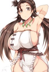 Rule 34 | 1girl, arm behind head, arm up, armpits, bare shoulders, body markings, breasts, brown eyes, brown hair, closed mouth, dress, facial mark, fate/grand order, fate (series), forehead, forehead mark, groin, highres, himiko (fate), himiko (first ascension) (fate), huge breasts, jewelry, long hair, looking at viewer, magatama, magatama necklace, necklace, no bra, no panties, revision, sash, side slit, sideboob, simple background, solo, topknot, tsukasawa takamatsu, twintails, white background, white dress