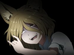 Rule 34 | 1girl, animal ears, black background, blonde hair, bow, commentary request, eyes visible through hair, fox ears, green bow, hair between eyes, hand up, holding, jumpsuit, kudamaki tsukasa, light, looking away, looking up, open mouth, shadow, shirosato, short hair, short sleeves, simple background, smile, solo, teeth, tongue, touhou, white jumpsuit, white sleeves, yellow eyes
