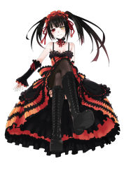 Rule 34 | 10s, 1girl, bare shoulders, black hair, blush, boots, breasts, cleavage, clock eyes, collarbone, cross-laced footwear, crossed legs, date a live, detached collar, dress, full body, garter belt, hairband, head tilt, heterochromia, highres, lace-up boots, lolita fashion, lolita hairband, long hair, looking at viewer, platform boots, platform footwear, red eyes, ribbon, simple background, smile, solo, symbol-shaped pupils, thighhighs, tokisaki kurumi, twintails, uneven twintails, white background, yellow eyes, yukiyo (otca202)