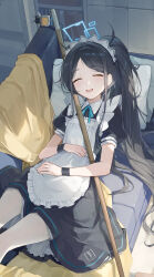 Rule 34 | 1girl, absurdres, aris (blue archive), aris (maid) (blue archive), black hair, blue archive, broken (7589468), closed eyes, drooling, highres, long hair, maid, open mouth, ponytail, sleeping, smile, solo, thighhighs, very long hair, white thighhighs
