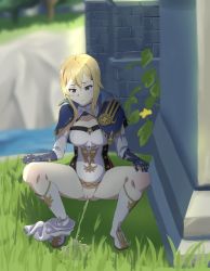 Rule 34 | 1girl, behind cover, blonde hair, blue eyes, blurry, bottomless, breasts, depth of field, genshin impact, grass, hiding, highres, jean (genshin impact), keihh, medium breasts, outdoors, pants around one leg, peeing, pussy, solo, squatting, tagme, uncensored