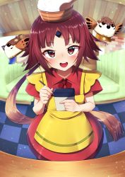 Rule 34 | 1girl, 2others, absurdres, alternate costume, apron, benienma (fate), bird, bird hat, blue apron, blush, booth seating, bowl, brown apron, brown hair, collared shirt, commentary request, demon girl, eyelashes, fate/grand order, fate (series), floor, highres, indoors, kawaruhi, long hair, multicolored hair, multiple others, open mouth, ponytail, red eyes, red hair, restaurant, rice, rice bowl, shamoji, shirt, smile, solo, sparrow, spoon, two-tone hair, waitress, yellow apron, traditional youkai