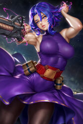 Rule 34 | 1girl, belt, boku no hero academia, breasts, cowboy shot, dress, electricity, hair between eyes, highres, lady nagant, large breasts, medium breasts, multicolored hair, neoartcore, paid reward available, pantyhose, patreon username, pink hair, prosthetic weapon, purple dress, purple eyes, purple hair, short hair, sleeveless, sleeveless dress, sleeveless turtleneck dress, solo, taut clothes, taut dress, two-tone hair, utility belt
