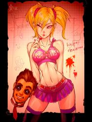 Rule 34 | 1boy, 1girl, arm behind back, belt, blonde hair, blood, blue eyes, breasts, brown hair, candy, cheerleader, clothes writing, couple, crop top, food, grasshopper manufacture, grin, impossible clothes, juliet starling, lollipop, lollipop chainsaw, long hair, luigiix, midriff, miniskirt, narrow waist, navel, necktie, nick carlyle, one eye closed, puckered lips, scrunchie, severed head, short hair, skirt, smile, thighhighs, twintails, white thighhighs, wink, x x
