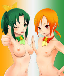 Rule 34 | 10s, 2girls, bow, breasts, green eyes, green hair, hair ornament, hair ribbon, hand on own hip, hino akane (smile precure!), looking at viewer, midorikawa nao, multiple girls, navel, nipples, nude, one eye closed, open mouth, orange hair, ponytail, precure, red eyes, ribbon, smile precure!, thumbs up, tomatto (@ma!), wink