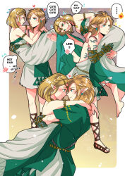 Rule 34 | 1boy, 1girl, archaic set (zelda), arm tattoo, armlet, babigonice, bare shoulders, barefoot, blonde hair, blue eyes, blush, braid, carrying, carrying over shoulder, carrying person, choker, closed mouth, commentary, couple, crown braid, dress, earrings, english commentary, english text, flying sweatdrops, from side, green eyes, hair behind ear, headpiece, heart, highres, hug, jewelry, link, looking at another, medium hair, multiple views, nintendo, official alternate costume, official alternate hair length, official alternate hairstyle, parted bangs, pointy ears, princess, princess carry, princess zelda, profile, sandals, short hair, single bare shoulder, sleeveless, sleeveless dress, smile, speech bubble, spoken blush, strapless, strapless dress, tattoo, the legend of zelda, the legend of zelda: tears of the kingdom, tunic, wristlet