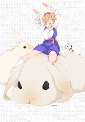 Rule 34 | 1girl, :d, alice margatroid, animal, bad id, bad pixiv id, blonde hair, closed eyes, female focus, hairband, happy, legs, open mouth, oversized animal, rabbit, reisen udongein inaba, reisen udongein inaba (bunny), riding, riku yama, smile, socks, solo, touhou, translation request, wall of text, white socks