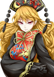 Rule 34 | 1girl, bad id, bad pixiv id, big hair, black dress, blonde hair, breasts, chikado, chinese clothes, colored eyelashes, colorized, derivative work, dress, floating hair, half-closed eyes, hat, highres, hoshi (menma), junko (touhou), large breasts, long sleeves, red eyes, ribbon, simple background, slit pupils, smile, solo, touhou, white background, wide sleeves