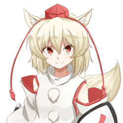 Rule 34 | 1girl, animal ears, bare shoulders, blush, closed mouth, commentary, detached sleeves, hat, highres, holding, holding shield, holding sword, holding weapon, inubashiri momiji, looking at viewer, pom pom (clothes), raised eyebrows, red eyes, shield, shirt, short hair, simple background, smile, solo, sword, tail, tarumaru, tokin hat, touhou, turtleneck, upper body, weapon, white background, white hair, white shirt, wolf ears, wolf tail