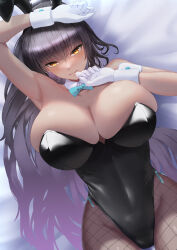 Rule 34 | 1girl, absurdres, animal ears, arm up, armpits, bed sheet, black hair, black leotard, blue archive, blue bow, blue bowtie, blush, bow, bowtie, breasts, bursting breasts, cleavage, closed mouth, commentary, covered navel, cowboy shot, dark-skinned female, dark skin, detached collar, dutch angle, ear piercing, embarrassed, fake animal ears, fishnet pantyhose, fishnets, frown, furrowed brow, gloves, gradient hair, highleg, highleg leotard, highres, huge breasts, karin (blue archive), karin (bunny) (blue archive), leotard, long hair, looking at viewer, lying, multicolored hair, nenma, official alternate costume, on back, orange eyes, pantyhose, piercing, playboy bunny, ponytail, purple hair, rabbit ears, solo, strapless, strapless leotard, two-tone hair, undersized breast cup, very long hair, white gloves, wing collar, wrist cuffs