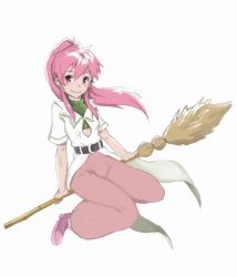 Rule 34 | 1girl, arche klein, blush, broom, broom riding, earrings, jewelry, long hair, pants, pink eyes, pink hair, pink pants, ponytail, smile, solo, tales of (series), tales of phantasia, turnnail, white background