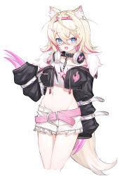 Rule 34 | 1girl, :3, absurdres, animal ear fluff, animal ears, belt, belt collar, black collar, black jacket, blonde hair, blue eyes, blue hair, breasts, collar, cropped jacket, cropped shirt, dog ears, dog girl, dog tail, fake claws, frilled shorts, frills, fur-trimmed jacket, fur trim, hair ornament, headphones, headphones around neck, highres, hololive, hololive english, jacket, lechiennoir, long sleeves, looking at viewer, medium hair, midriff, mococo abyssgard, mococo abyssgard (1st costume), multicolored hair, navel, open mouth, pink belt, pink hair, shirt, short shorts, shorts, sleeves past fingers, sleeves past wrists, small breasts, smile, solo, streaked hair, tail, virtual youtuber, white background, white shirt, white shorts, x hair ornament
