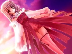 Rule 34 | 1girl, airi (quilt), bare shoulders, carnelian, flower, game cg, gloves, hair down, pink thighhighs, quilt, quilt (game), ribbon, sky, solo, sunset, thighhighs