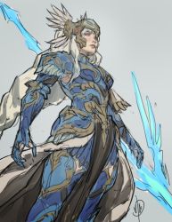 Rule 34 | 1girl, armor, armored dress, blue armor, gauntlets, gold trim, helmet, holding, holding weapon, john dimayuga, lenneth valkyrie, low-braided long hair, low-tied long hair, shoulder armor, valkyrie, valkyrie profile (series), weapon, winged helmet
