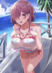 Rule 34 | 1girl, bare shoulders, beach, bikini, blue sky, breasts, cleavage, collarbone, fate/grand order, fate (series), hair over one eye, highres, kazami chiu, large breasts, light purple hair, looking at viewer, mash kyrielight, mash kyrielight (swimsuit of perpetual summer ver.02), multicolored bikini, multicolored clothes, ocean, official alternate costume, purple eyes, rainbow bikini, see-through, short hair, sky, striped bikini, striped clothes, swimsuit, thighs