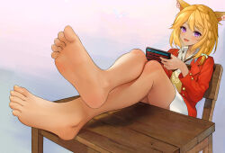 Rule 34 | 1girl, :d, absurdres, animal ears, barefoot, blonde hair, cat ears, chair, commentary request, commission, fangai-anmian, feet, foot focus, gradient background, highres, jacket, long sleeves, looking at viewer, open mouth, original, pixiv commission, purple eyes, red jacket, short hair, smile, soles, solo, table, toenails, toes, white background