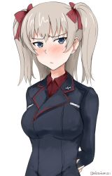 Rule 34 | 1girl, alternate hairstyle, arms behind back, black jacket, blue eyes, blush, closed mouth, commentary, dosaken, dress shirt, frown, girls und panzer, glaring, hair ribbon, hair up, itsumi erika, jacket, kuromorimine military uniform, long sleeves, looking at viewer, medium hair, military, military uniform, red ribbon, red shirt, ribbon, shirt, silver hair, simple background, solo, twitter username, two side up, uniform, upper body, white background, wing collar