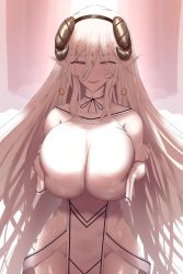 Rule 34 | 1girl, bare shoulders, closed mouth, commentary, commentary request, detached sleeves, hair between eyes, hair ornament, highres, horns, long hair, long sleeves, looking at viewer, original, pointy ears, shiroshisu, sleeves past fingers, sleeves past wrists, smile, solo, white hair