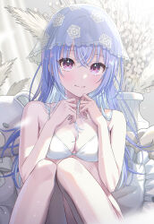 Rule 34 | 1girl, absurdres, bikini, blue hair, blush, breasts, cleavage, feet out of frame, highres, holding, holding own hair, idolmaster, idolmaster shiny colors, knees together feet apart, knees up, light smile, long hair, looking at viewer, medium breasts, momomoi momoi, plant, potted plant, purple eyes, solo, suzuki hana, swimsuit, veil, very long hair, white bikini