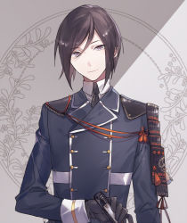 Rule 34 | 10s, 1boy, black gloves, black hair, buttons, closed mouth, double-breasted, gloves, grey eyes, holding, imi fumei, light smile, looking at viewer, male focus, military, military uniform, solo, touken ranbu, uniform, upper body, yagen toushirou