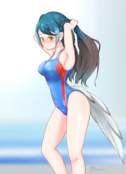 Rule 34 | 1girl, bird tail, black hair, blue hair, blue one-piece swimsuit, commentary request, competition swimsuit, cowboy shot, gradient hair, highres, kemono friends, long hair, multicolored hair, nokemono-san (bocchi friend), one-piece swimsuit, passenger pigeon (kemono friends), solo, standing, swimsuit, tail, yellow eyes